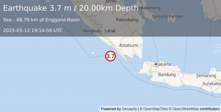 Earthquake SOUTHERN SUMATRA, INDONESIA (3.7 m) (2025-05-13 19:14:56 UTC)