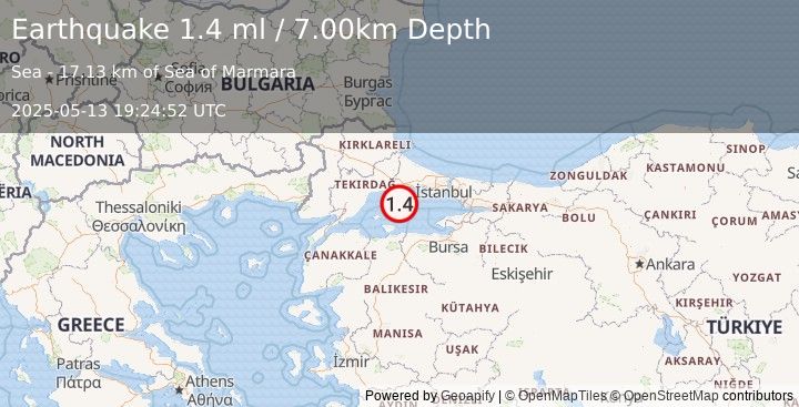 Earthquake WESTERN TURKEY (1.4 ml) (2025-05-13 19:24:52 UTC)