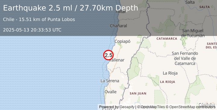 Earthquake OFFSHORE ATACAMA, CHILE (2.5 ml) (2025-05-13 20:33:53 UTC)