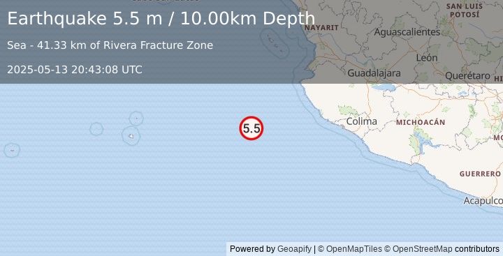 Earthquake OFF COAST OF JALISCO, MEXICO (5.9 mw) (2025-05-13 20:43:04 UTC)