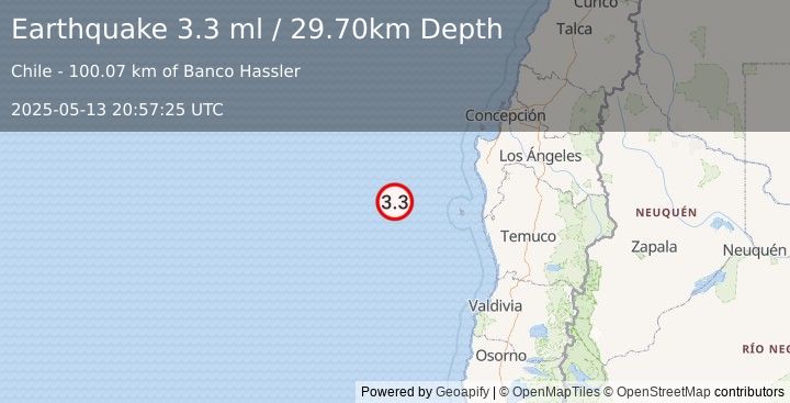Earthquake OFF COAST OF ARAUCANIA, CHILE (3.3 ml) (2025-05-13 20:57:25 UTC)