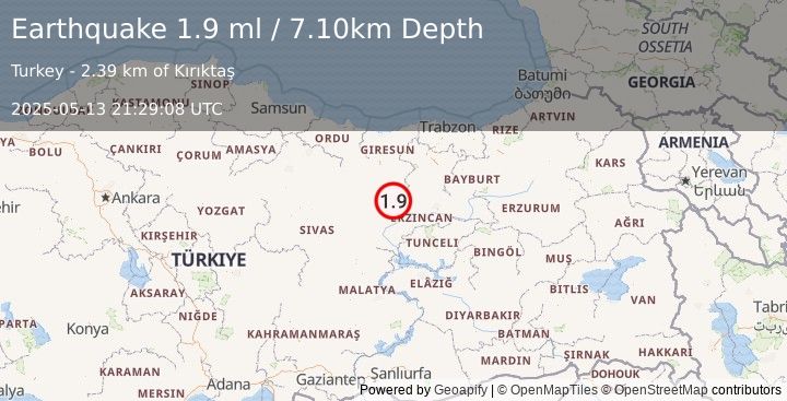 Earthquake EASTERN TURKEY (1.9 ml) (2025-05-13 21:29:08 UTC)