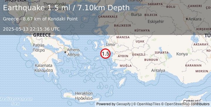 Earthquake DODECANESE ISLANDS, GREECE (1.5 ml) (2025-05-13 22:15:36 UTC)
