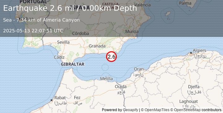 Earthquake STRAIT OF GIBRALTAR (2.6 ml) (2025-05-13 22:07:51 UTC)