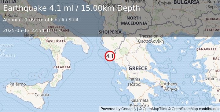 Earthquake KERKIRA REGION, GREECE (4.1 ml) (2025-05-13 22:54:10 UTC)