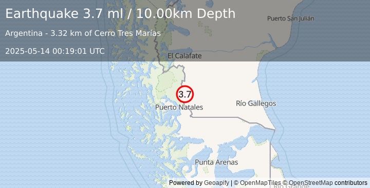 Earthquake SANTA CRUZ, ARGENTINA (3.7 ml) (2025-05-14 00:19:01 UTC)