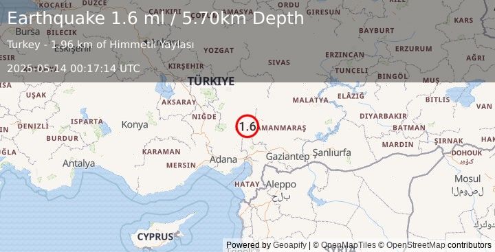 Earthquake CENTRAL TURKEY (1.6 ml) (2025-05-14 00:17:14 UTC)
