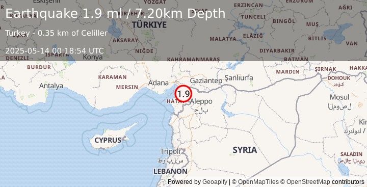 Earthquake TURKEY-SYRIA BORDER REGION (1.9 ml) (2025-05-14 00:18:54 UTC)