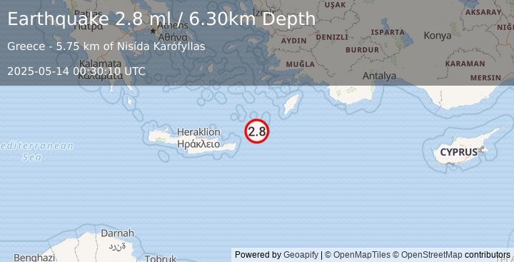 Earthquake CRETE, GREECE (2.8 ml) (2025-05-14 00:30:10 UTC)