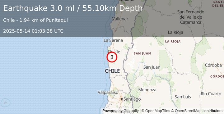 Earthquake COQUIMBO, CHILE (3.0 ml) (2025-05-14 01:03:38 UTC)