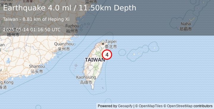 Earthquake TAIWAN (4.0 ml) (2025-05-14 01:16:50 UTC)