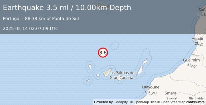 Earthquake CANARY ISLANDS, SPAIN REGION (3.6 ml) (2025-05-14 02:07:08 UTC)