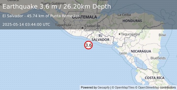 Earthquake OFFSHORE EL SALVADOR (3.6 m) (2025-05-14 03:44:00 UTC)