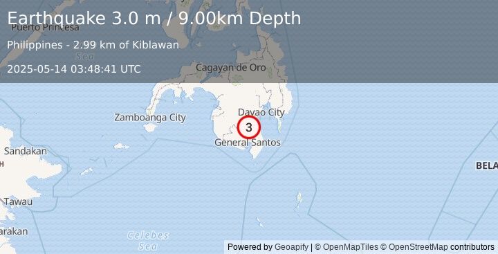 Earthquake MINDANAO, PHILIPPINES (3.0 m) (2025-05-14 03:48:41 UTC)