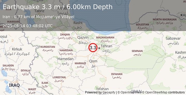 Earthquake NORTHERN IRAN (3.3 m) (2025-05-14 03:48:02 UTC)