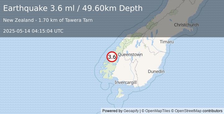 Earthquake SOUTH ISLAND OF NEW ZEALAND (3.6 ml) (2025-05-14 04:15:04 UTC)