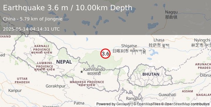 Earthquake WESTERN XIZANG (3.6 m) (2025-05-14 04:14:31 UTC)