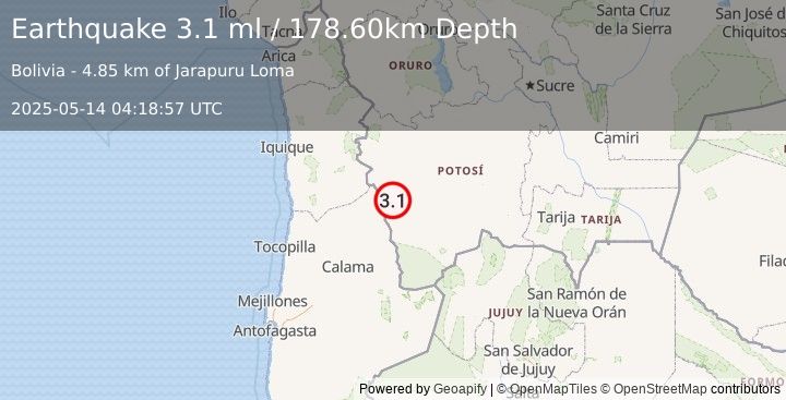 Earthquake POTOSI, BOLIVIA (3.1 ml) (2025-05-14 04:18:57 UTC)