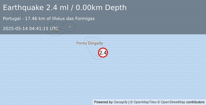 Earthquake AZORES ISLANDS REGION (2.4 ml) (2025-05-14 04:41:15 UTC)