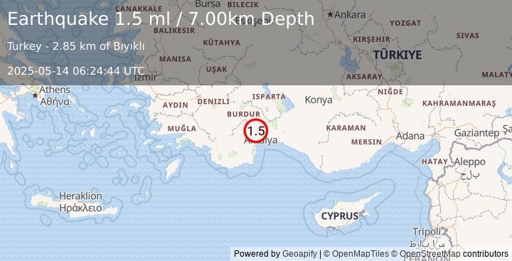 Earthquake WESTERN TURKEY (1.5 ml) (2025-05-14 06:24:44 UTC)