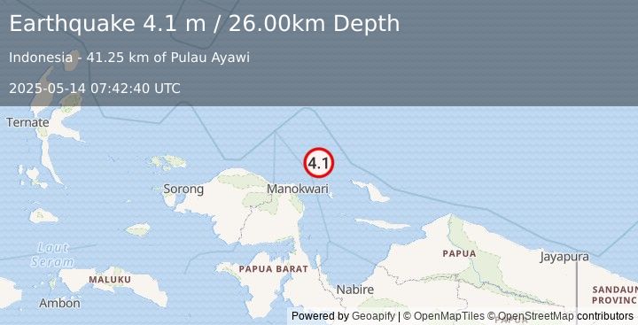 Earthquake NEAR N COAST OF PAPUA, INDONESIA (4.1 m) (2025-05-14 07:42:40 UTC)