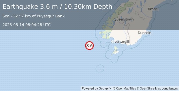 Earthquake OFF W. COAST OF S. ISLAND, N.Z. (3.6 m) (2025-05-14 08:04:28 UTC)