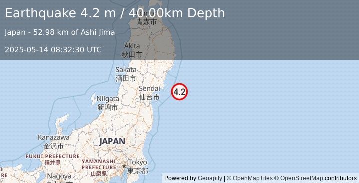 Earthquake NEAR EAST COAST OF HONSHU, JAPAN (4.2 m) (2025-05-14 08:32:30 UTC)