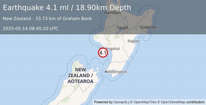Earthquake COOK STRAIT, NEW ZEALAND (4.1 ml) (2025-05-14 08:45:20 UTC)