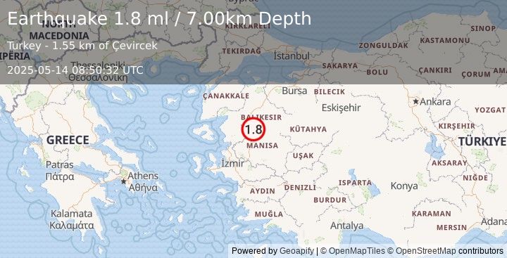 Earthquake WESTERN TURKEY (1.8 ml) (2025-05-14 08:50:32 UTC)