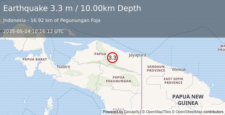 Earthquake PAPUA, INDONESIA (3.3 m) (2025-05-14 10:16:12 UTC)