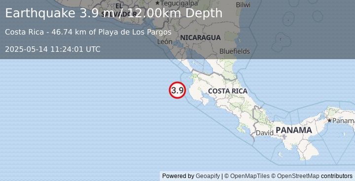 Earthquake OFF COAST OF COSTA RICA (3.9 m) (2025-05-14 11:24:01 UTC)
