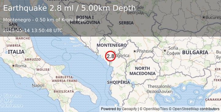 Earthquake MONTENEGRO (2.8 ml) (2025-05-14 13:50:48 UTC)