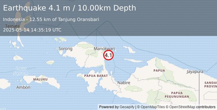 Earthquake NEAR N COAST OF PAPUA, INDONESIA (4.1 m) (2025-05-14 14:35:19 UTC)