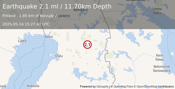 Earthquake FINLAND (2.1 ml) (2025-05-14 15:27:41 UTC)