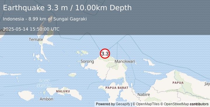 Earthquake NEAR N COAST OF PAPUA, INDONESIA (3.3 m) (2025-05-14 15:50:00 UTC)