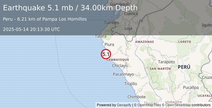 Earthquake NEAR COAST OF NORTHERN PERU (5.2 mw) (2025-05-14 20:13:27 UTC)