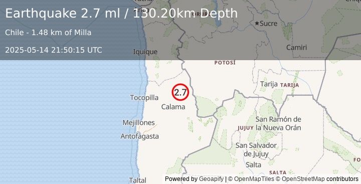 Earthquake ANTOFAGASTA, CHILE (2.7 ml) (2025-05-14 21:50:15 UTC)