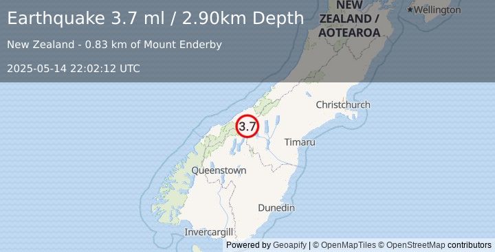 Earthquake SOUTH ISLAND OF NEW ZEALAND (3.7 ml) (2025-05-14 22:02:12 UTC)