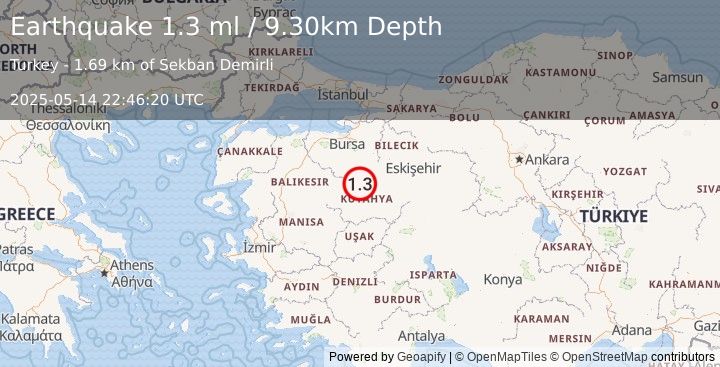 Earthquake WESTERN TURKEY (1.3 ml) (2025-05-14 22:46:20 UTC)