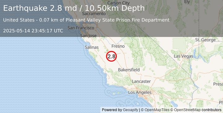 Earthquake CENTRAL CALIFORNIA (2.8 md) (2025-05-14 23:45:17 UTC)