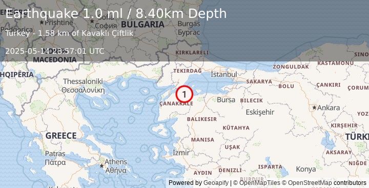 Earthquake WESTERN TURKEY (1.0 ml) (2025-05-14 23:57:01 UTC)
