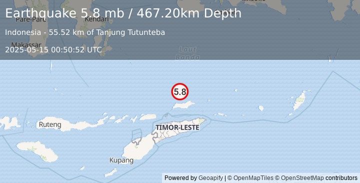 Earthquake KEPULAUAN BARAT DAYA, INDONESIA (5.9 mw) (2025-05-15 00:50:51 UTC)