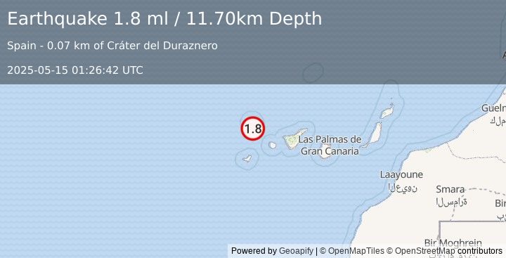 Earthquake CANARY ISLANDS, SPAIN REGION (1.8 ml) (2025-05-15 01:26:42 UTC)
