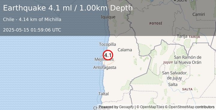 Earthquake ANTOFAGASTA, CHILE (3.7 ml) (2025-05-15 01:59:10 UTC)