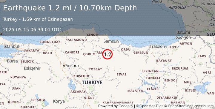 Earthquake CENTRAL TURKEY (1.2 ml) (2025-05-15 06:39:01 UTC)