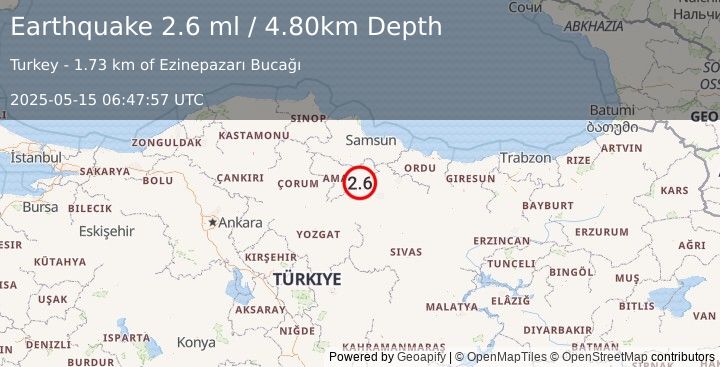 Earthquake CENTRAL TURKEY (2.6 ml) (2025-05-15 06:47:57 UTC)
