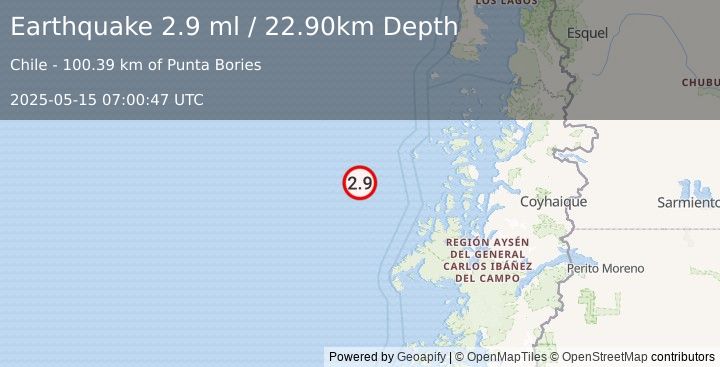 Earthquake OFF COAST OF AISEN, CHILE (2.9 ml) (2025-05-15 07:00:47 UTC)