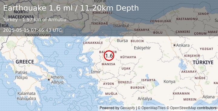 Earthquake WESTERN TURKEY (1.6 ml) (2025-05-15 07:46:43 UTC)
