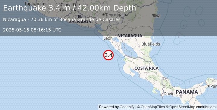 Earthquake NEAR COAST OF NICARAGUA (3.6 m) (2025-05-15 08:16:11 UTC)
