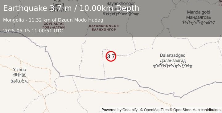 Earthquake CENTRAL MONGOLIA (3.7 m) (2025-05-15 11:00:51 UTC)
